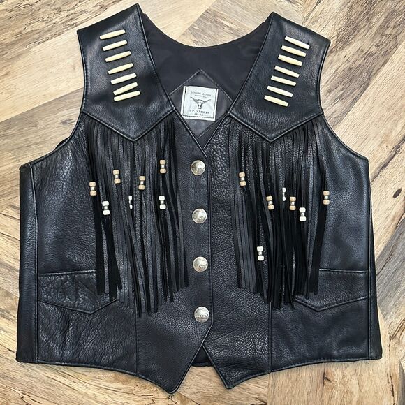 S.P. Leathers Buffalo Nickel Snap Bikers Vest Black Fringe Native Beadwork 10-12 - Picture 4 of 13